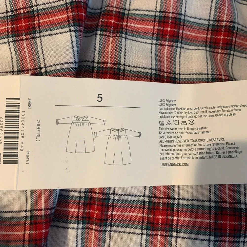 Janie and Jack Nightgown Kids 5 Red New‎ Plaid Smocked Ruffle Holiday Sleepwear